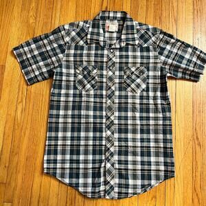 Wrangler Shirt Mens Large Tall Plaid Pearl Snap Western Short Sleeve Blue